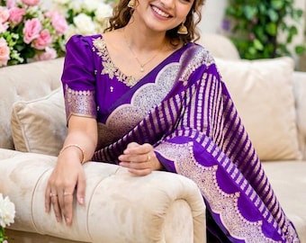 Banarasi Kataan Silk Saree with Maggam Work Blouse – Ready to Wear Silk Sari