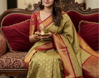 Kanchipuram Soft Silk Saree with Embroidered Blouse (Fits 34-46)