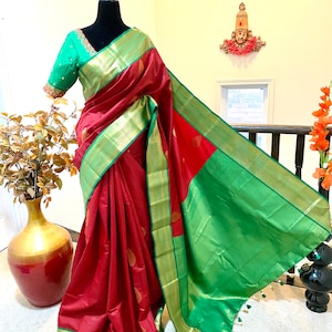 Kanchipuram soft  silk saree with ready to wear maggam work blouse fits to 32 to 46