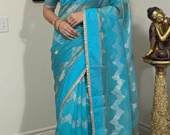 Hemelsblauwe organza sari . met zilveren zariweefsel, Indiase bruiloftssari