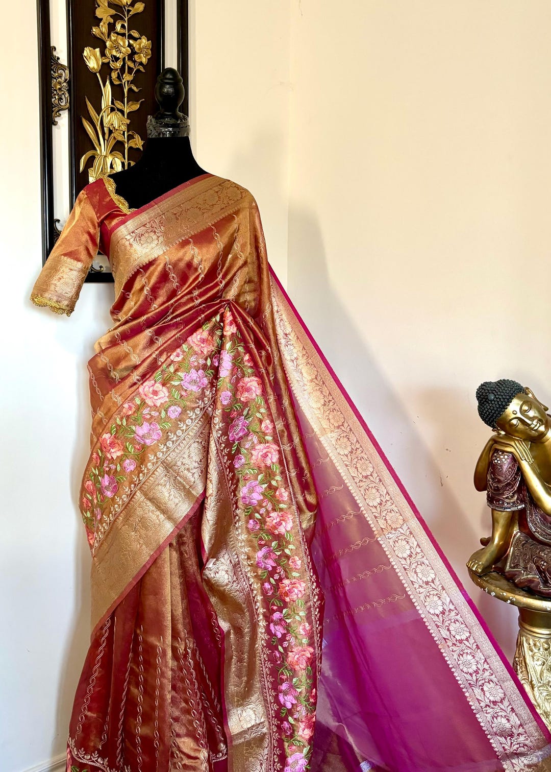 Banarasi Tissue Saree With Buti Weaving & Lace Border main image 1