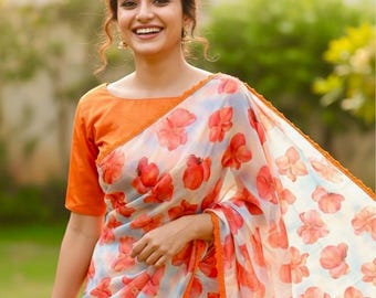 Floral Organza Saree with Gold Lace, Ready to Wear Blouse (Fits 32-46)
