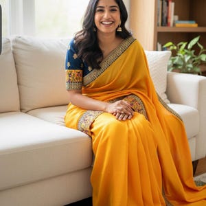 Designer Crepe Silk Saree, Zari Weave, Ready to Wear Blouse (Fits 34-46