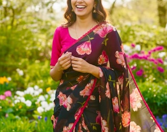 Floral Organza Saree with Gold Lace, Ready to Wear Blouse (Fits 32-46