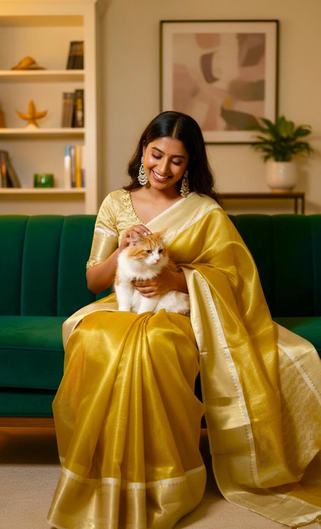 Golden Bangalore Silk Saree, Self Weaving Zari, Embroidered Blouse