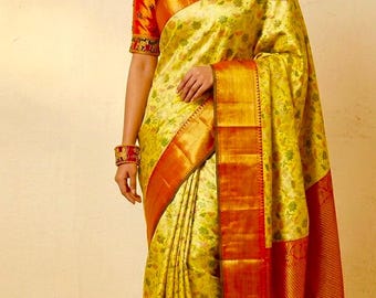 Kanchipuram Tissu Silk Saree with Embroidered Blouse (Fits 34-46)
