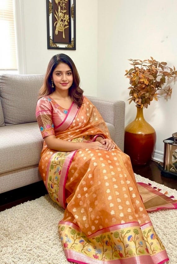 sari様 Peach-orange Zari Kota Saree, Pythani Floral Border, Stitched