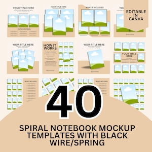 Könnte beinhalten: Werbebild mit 40 Spiralnotizbuch-Mockup-Vorlagen mit schwarzem Draht/Feder. Die Vorlagen zeigen ein Landschaftsdesign mit blauem Himmel und grüner Wiese. Text enthält "Your Title Here", "What's Included" und "Editable in Canva".