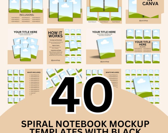 Spiral Notebook Mockup Templates: Black Wire Binding (editable, 40 ...
