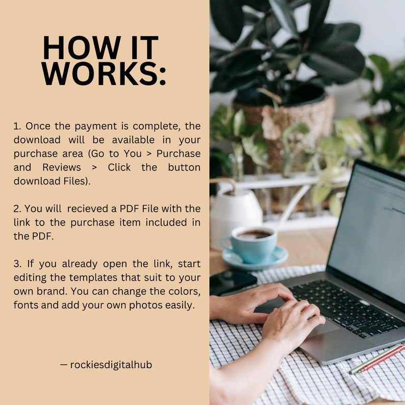 K&ouml;nnte beinhalten: Ein Laptop mit den H&auml;nden einer Person, die auf der Tastatur tippt. Der Laptop steht auf einem Tisch mit einer Tasse Kaffee und einer Pflanze im Hintergrund. Der Text auf dem Bildschirm lautet "HOW IT WORKS:" gefolgt von Anweisungen zum Herunterladen einer PDF-Datei.