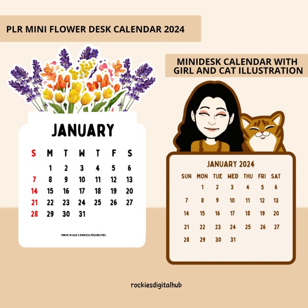 PLR Flower Desk Calendar 2024 Templates Mini Desk Calendar 2024 Aesthetic Calendar 2024 Cute 2024 Calendar Printable Calendar 2024