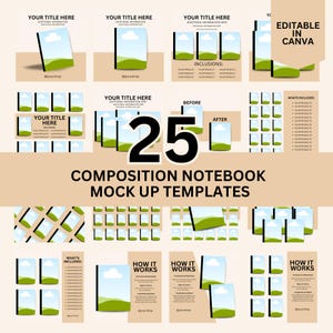 Puede incluir: Un conjunto de 25 plantillas de maquetas de cuadernos de composición. Las plantillas presentan cuadernos con un diseño de paisaje verde y cielo azul. El texto incluye "Your Title Here" y "Editable in Canva".
