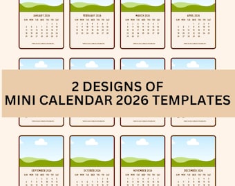 2026年ミニカレンダーテンプレート：ミニマリストデスクカレンダー（デジタルファイル、デザイン2種類）