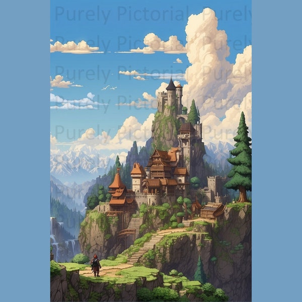 Epic Quest of the 8-Bit Hero - Exquisite Digital Art for Gaming Enthusiasts - Journey to Castle through Home village