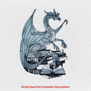 Monochrome Dragon On Books Machine Embroidery Design Mythical Scaled Dragon Embroidery File Fantasy Gamer Pattern for Machine Embroidery