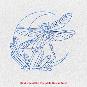 May include: A blue embroidered design featuring a dragonfly, a crescent moon, and crystals. The text at the bottom reads, "Kindly Read the Complete Description!"