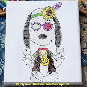 Hippie-Hund-Stickmuster | Retro-Cartoon-Muster der 70er Jahre zum sofortigen Download
