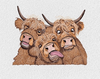 May include: Embroidered image of three Highland cows with brown fur, horns, and pink noses. One cow sticks its tongue out. The text at the bottom says, "Kindly Read the Complete Description!"