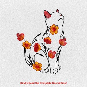 Floral Cat Machine Embroidery Design Floral Kitty Pattern Cat with Flowers Embroidery File for Pet Lover Nature Design Embroidery