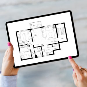 May include: A digital tablet displaying a floor plan of a house. The plan shows the layout of the rooms, including a living room, kitchen, bedrooms, and bathrooms. The tablet is being held by a person's hands.