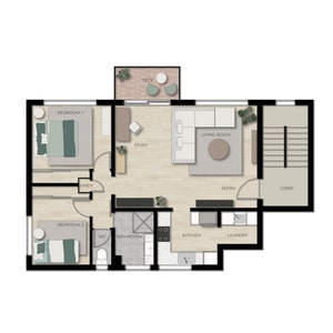 Puede incluir: Plano de planta de una casa de dos dormitorios con sala de estar, cocina, baño, lavadero, estudio y terraza. La casa tiene un armario para la ropa blanca, un baño con inodoro y ducha, y una cocina con estufa y fregadero. La sala de estar tiene un sofá, una mesa de café y plantas. La terraza tiene una mesa y sillas.