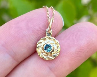 Gold Wreath Charm with Teal Montana Sapphire - September Birthstone Necklace - Botanical Motif Pendant