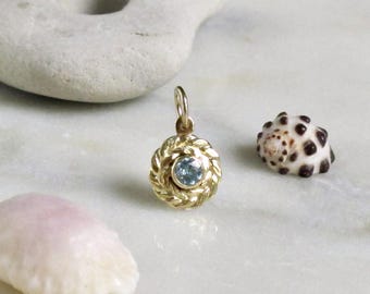 Gold Laurel Wreath Charm with Blue Zircon - December Birthstone Necklace - Botanical Motif Pendant