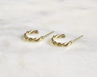 Eyelet hoops in gold; twist hoops; mini hoops; handmade 14k recycled gold hoops