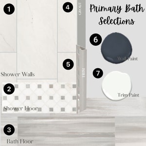 May include: Primary bath selections for a bathroom renovation. The image shows a white shower wall tile, a white and grey mosaic shower floor tile, a grey wood-look floor tile, a white trim paint colour, and a dark grey wall paint colour.