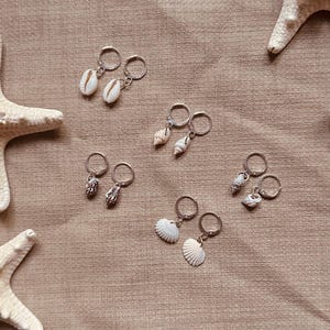 May include: A collection of silver hoop earrings, each featuring a unique seashell pendant. The shells display a range of colours and forms, including white, beige, and patterned types. The earrings are displayed on a neutral background, with starfish visible.