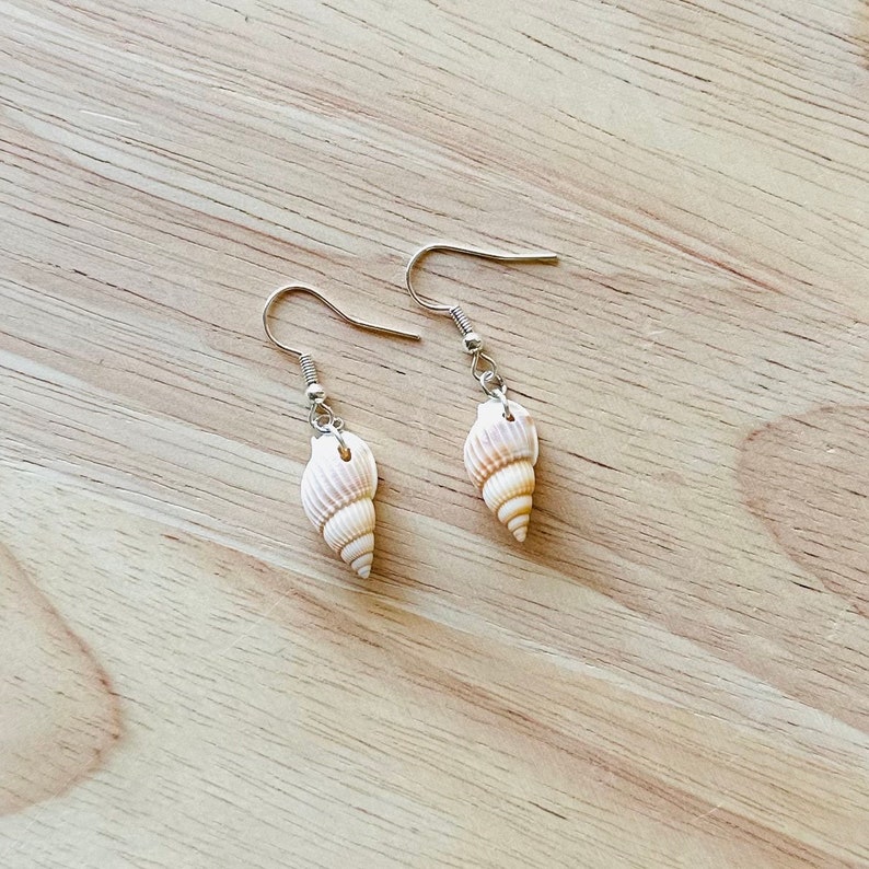 May include: A pair of silver dangle earrings with small seashells as the charms. The seashells are a light beige color.