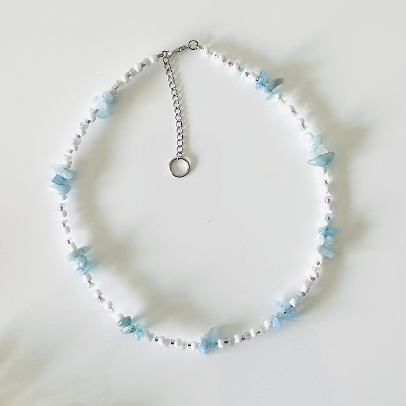 Aquamarine Beaded Surfer Necklace Handmade Gem Chip Choker Cat Eye Beads Handmade Surfer Jewellery