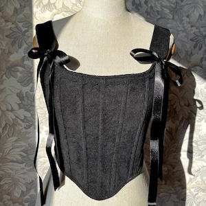 Gothic Black Corset Top with Satin Ribbon Straps, Renaissance Stays, Ren faire bodice Fairycore Bustier Cottagecore corset 18 th century top