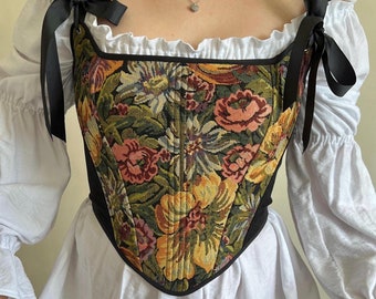 Tapestry corset Renaissance corset Black stays 18th century Victorian corset Floral corset top corset corduroy Historical corset