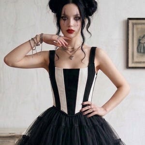 Jester Renaissance Faire Corset, Black and White Bodice, Medieval clown costume, Circus Goth Stays