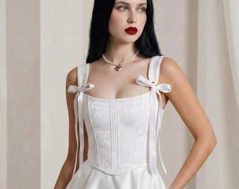 Bridal Corset Top, Wedding White Brocade Corset with Ribbon Straps, Bridal Bustier Top, Elegant Wedding Guest Top