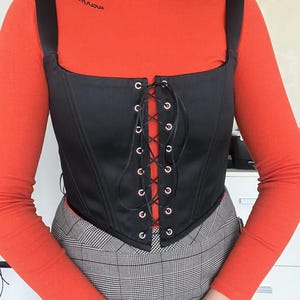 Black Satin Lace Up Corset Top Gothic Bustier Waist Cincher Renaissance Stays Ren faire Victoriane Corset