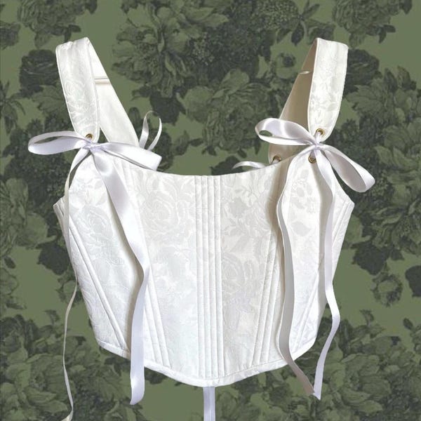 Braut Korsett Hochzeit Weiß Jacquard mit Satin Handgefertigtes Brautkorsett, Cottagecore Bustier, Renaissance Rokoko Stil Romantisches Mieder