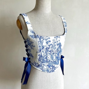 Espartilho top toile de jouy azul branco renascentista espartilho corpete ren faire espartilho rococó permanece espartilho de fadas espartilho histórico
