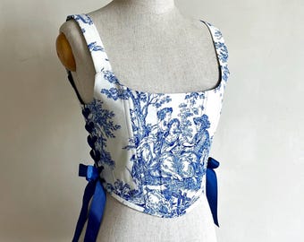 Korset toile de jouy blauw wit renaissance korset lijfje ren faire corset rococo blijft fairy corset historisch korset