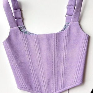 Lavender Corduroy Corset Top,  Renaissance Bodice, Minimalist Black Bustier,  Cottagecore Stays, Ren faire Corset