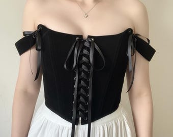 Black Lace-Up Corset Top, Versatile Bustier with Ribbon, Renaissance Stays, Dark Academia Style Fashion, Gothic Clothing