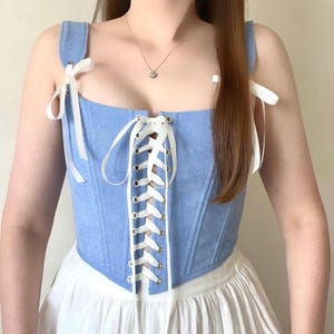 Corset top blue Front lace Cottagecore bodice Renaissance stays Corduroy corset black Tie straps Fairycore corset Regency core Ren faire