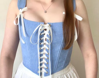 Corset top blue Front lace Cottagecore bodice Renaissance stays Corduroy corset black Tie straps Fairycore corset Regency core Ren faire