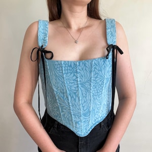 Blue renaissance corset Velvet corset top 18 th century corset Floral stays Ren faire corset Cottage core corset top