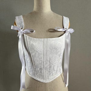 Bridal White Jacquard Corset Top Wedding with Satin Ribbon Ties Handmade Bridal Corset, Cottagecore Bustier, Romantic Lace-Up Bodice