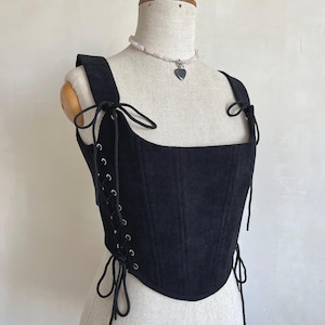 Black Corduroy Corset Top: Lace-Up Gothic Renaissance Bodice
