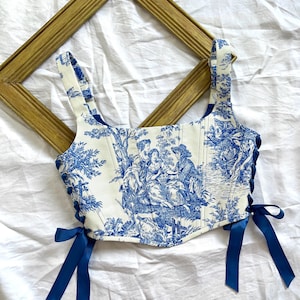 Renaissance Corset top toile de jouy blue white 18 th century corset bodice ren faire corset rococo stays fairy corset historical corset