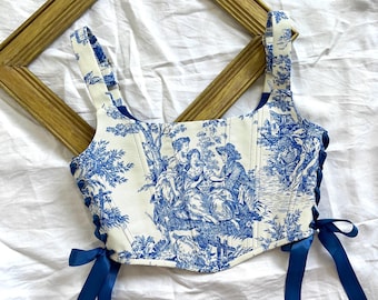 Renaissance Corset top toile de jouy blue white 18 th century corset bodice ren faire corset rococo stays fairy corset historical corset