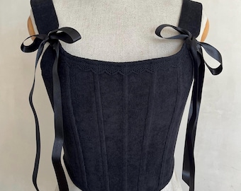 Renaissance Stays Black Corset Top with Satin Ribbon Straps, Ren faire bodice Fairycore Bustier Cottagecore corset 18 th century top